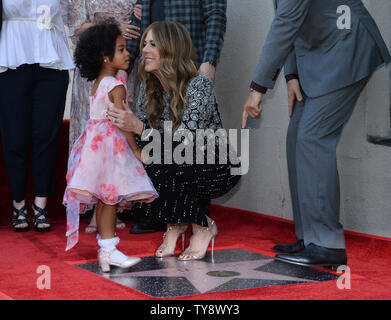 Actress, singer and songwriter Rita Wilson is joined by her granddaughter Michaiah during an unveiling ceremony honoring her with the 2,659th star on the Hollywood Walk of Fame in Los Angeles on March 29, 2019. Photo by Jim Ruymen/UPI. Stock Photo