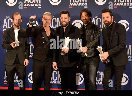 Old Dominion, winner of the award for Group of the Year, appears backstage at the 54th annual Academy of Country Music Awards held at the MGM Grand Garden Arena in Las Vegas, Nevada on April 7, 2019. The show will broadcast live on CBS.  Photo by Jim Ruymen/UPI Stock Photo