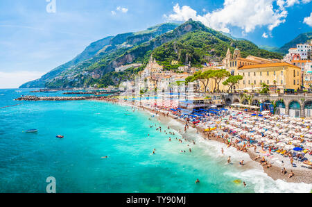 Landscape with amazing beach of Amalfi town at famous amalfi coast, Italy Stock Photo