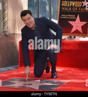 American actor, animator, filmmaker, comedian, and singer Seth MacFarlane touches his star during an unveiling ceremony honoring him with the 2,661st star on the Hollywood Walk of fame in Los Angeles on April 23, 2019. Working primarily in animation and comedy, as well as live-action and other genres, MacFarlane is the creator of the TV series Family Guy and The Orville, and co-creator of the TV series American Dad! and The Cleveland Show.  Photo by Jim Ruymen/UPI Stock Photo