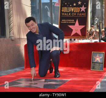 American actor, animator, filmmaker, comedian, and singer Seth MacFarlane touches his star during an unveiling ceremony honoring him with the 2,661st star on the Hollywood Walk of fame in Los Angeles on April 23, 2019. Working primarily in animation and comedy, as well as live-action and other genres, MacFarlane is the creator of the TV series Family Guy and The Orville, and co-creator of the TV series American Dad! and The Cleveland Show.  Photo by Jim Ruymen/UPI Stock Photo