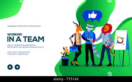 Vector flat illustration of first working day. Employee comes to office, shakes hand with colleagues and gets to know with everybody. Woman passes job interview. Place for text, copy space. Stock Vector