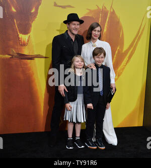 Cast member Vera Farmiga attend the premiere of the sci-fi motion picture 'Godzilla: King of the Monsters' with her husband Renn Hawkey and their daughter Gytta Lubov Hawkey and son Fynn Hawkey at the TCL Chinese Theatre in the Hollywood section of Los Angeles on May 18, 2019. The film tells the story of the crypto-zoological agency Monarch faceing off against a battery of god-sized monsters, including the mighty Godzilla, who collides with Mothra, Rodan, and his ultimate nemesis, the three-headed King Ghidorah.  Photo by Jim Ruymen/UPI Stock Photo