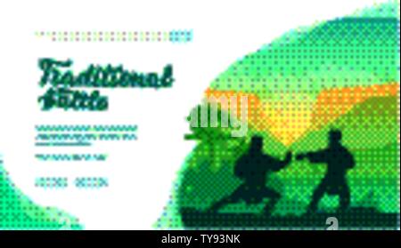 Silhouette of martial art masters of China on nature background. Two men demonstrate kung fu poses. Karate training. Shaolin monks practice Wushu. Vector design. Place for text, copy space.. Stock Vector