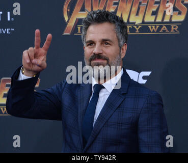 Cast member Mark Ruffalo attends the premiere of the sci-fi motion picture fantasy 'Avengers: Infinity Wars' at the El Capitan Theatre in the Hollywood section of Los Angeles on April 23, 2018. Storyline: The Avengers and their allies must be willing to sacrifice all in an attempt to defeat the powerful Thanos before his blitz of devastation and ruin puts an end to the universe.  Photo by Jim Ruymen/UPI. Stock Photo