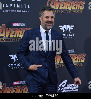 Cast member Mark Ruffalo attends the premiere of the sci-fi motion picture fantasy 'Avengers: Infinity Wars' at the El Capitan Theatre in the Hollywood section of Los Angeles on April 23, 2018. Storyline: The Avengers and their allies must be willing to sacrifice all in an attempt to defeat the powerful Thanos before his blitz of devastation and ruin puts an end to the universe.  Photo by Jim Ruymen/UPI. Stock Photo