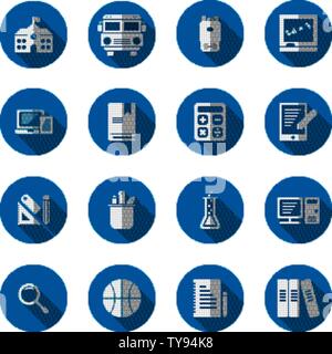 School Elements flat long shadow icon set on white background. Stock Vector