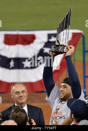 World Series MVP Houston Astros George Springer holds his trophy