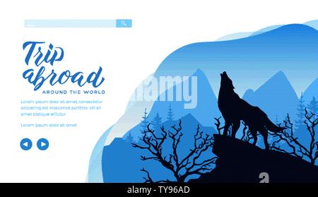Silhouette of wolf howling to the moon on rock. Night landscape with cliff, trees and animal in blue colours. Vector design, template for zoology, travel, mystic projects. Place for text, copy space. Stock Vector