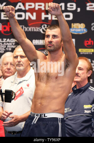 Joe Calzaghe of Wales appears the weigh-in for his fight against world light heavyweight boxing champion Hopkins at Planet Hollywood in Las Vegas on April 18, 2008. Both fighters tipped the scales at 173 pounds for their battle on April 19th ...