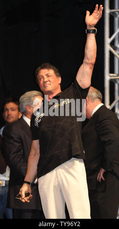 Actor Sylvester Stallone appears at the weigh-in for Joe Calzaghe's fight against Bernard Hopkins at Planet Hollywood in Las Vegas on April 18, 2008. Both fighters tipped the scales at 173 pounds for their battle on April 19th. (UPI Photo/Daniel Gluskoter)
