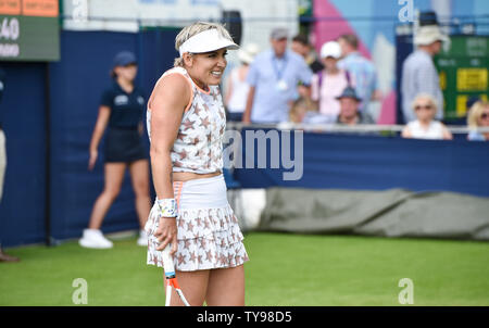 Eastbourne UK 25th June 2019 -  Bethanie Mattek-Sands of USA in action in a doubles match with partner Kirsten Flipkens at the Nature Valley International tennis tournament held at Devonshire Park in Eastbourne . Credit : Simon Dack Stock Photo