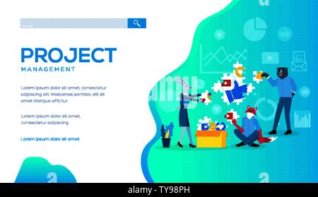 Fox, hare and bear do jigsaw puzzle together. Concept of successful teamwork, planning of start up development, project management. Vector flat design for website. Copy space, place for text. Stock Vector