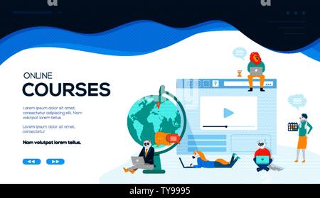 Students lying and sitting with their laptops, taking classes over the Internet. Concept of distance education, online trainings, courses, webinar, tutorial. Vector flat design. Place for text. Stock Vector