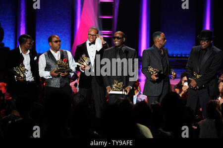 Singers Ricky Bell, Michael Bivens, Ronnie Devoe, Johnny Gill, Ralph Tresvant and Bobby Brown of New Edition accept the Soul Train Lifetime Achievement Award during the Soul Train Awards 2012 at PH Live at Planet Hollywood Resort & Casino in Las Vegas, Nevada on Nov. 08, 2012.   UPI/David Becker Stock Photo