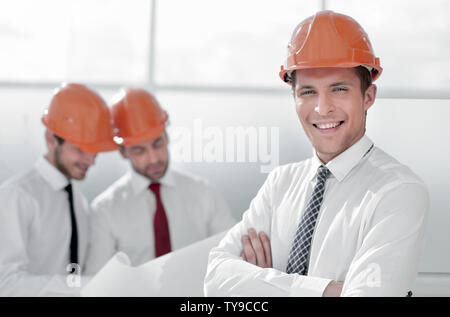 close up. young architect on the background of the new office Stock Photo