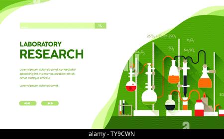 Colour liquids circulate in test tubes, flasks laboratory system. Workplace with equipment for medical diagnostic researches, scientific experiments. Chemistry lesson at college, university. Vector design. Stock Vector