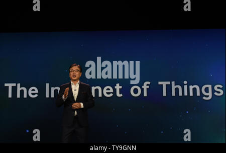 Boo-Keun Yoon, Samsung Electronics President and CEO, Consumer Electronics, delivers his keynote address discussing the Internet of Things (IoT), ahead of the 2015 International CES, a trade show of consumer electronics, at the Venetian in Las Vegas, Nevada, January 5, 2015.   Photo by Molly Riley/UPI Stock Photo