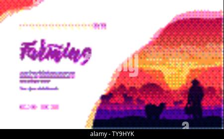 Silhouette of farmer with backet standing next to sheep on pastoral background. Rural landscape with domestic animals grassing on meadow near ranch. Concept of working and living at farm. Copy space. Stock Vector