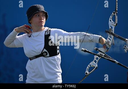 Minsk. Belarus. 26 June 2019. Tatiana Andreoli (ITA) taking part in the womens recurve archery at the 2nd European games. Credit Garry Bowden/SIP photo agency/Alamy live news. Stock Photo