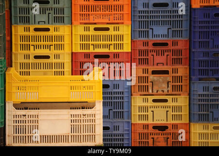 Stacked crates in front of a supermarket Stock Photo