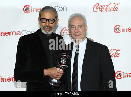 Actors Jeff Goldblum and Brent Spiner recipients of the Ensemble of the Universe Award arrive for the CinemaCon 2016 Big Screen Achievement Awards, OMNIA Nightclub at Caesars Palace, Las Vegas, Nevada on April 14, 2016. Photo by James Atoa/UPI Stock Photo