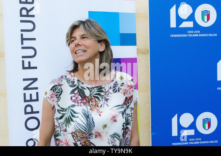 Milena Bertolini, Head Coach of Italy women's national football team, in Matera, Italy, first date of Italian football Museum tour for 120th found. Stock Photo