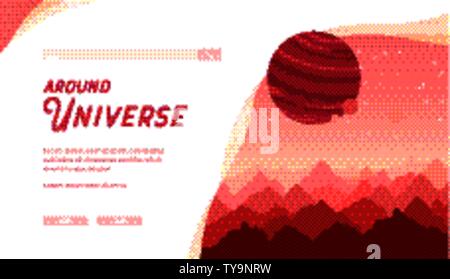 Cosmic fantastic landscape with stars, comets. Satellite or moon gravitate around big red planet with cliffed surface. Vector design for astronomic, astrologic projects. Place for text, copy space. Stock Vector