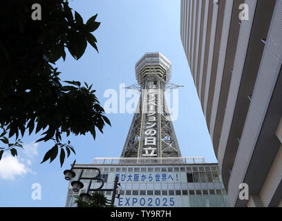 (190626) -- OSAKA, June 26, 2019 (Xinhua) -- Photo taken on June 25, 2019 shows the Tsutenkaku tower in Osaka, Japan. The 14th Group of 20 (G20) summit will take place on June 28-29 in Osaka. The city of Osaka is located by the Osaka Bay in the southwest of Honshu, the main island of Japan. As the capital city of Osaka Prefecture, it is an industrial and commercial center as well as a major transportation hub in the Kansai region. With a population of 2.72 million and an area of 225 square kilometers, Osaka makes up one of Japan's largest metropolitan areas together with the neighbouring citie Stock Photo