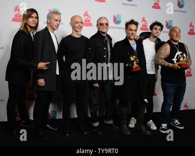 Los Fabulosos Cadillacs appears backstage with the awards for best rock song for 'La Tormenta' and best rock album for 'La Salvacion De Solo y Juan' during the 17th annual Latin Grammy Awards at T-Mobile Arena in Las Vegas, Nevada on November 17, 2016. Photo by Jim Ruymen/UPI Stock Photo