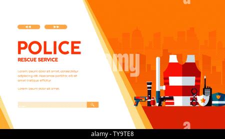 Police professional equipment, outfit: handcuffs, bulletproof vest, truncheon, badge, weapons, radioset, pistol, hat. Rescue service vector template on urban background. Place for text, copy space Stock Vector