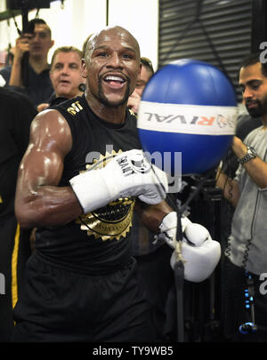 Unbeaten boxer Floyd Mayweather hosts a media workout at the Mayweather Boxing Club in Las Vegas, Nevada on August 10, 2017. The workout was a prelude to the upcoming Floyd Mayweather vs. Conor McGregor 12-round super-welterweight matchup on August 26, at the T-Mobile Arena in Las Vegas.     Photo by David Becker/UPI Stock Photo