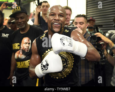 Unbeaten boxer Floyd Mayweather hosts a media workout at the Mayweather Boxing Club in Las Vegas, Nevada on August 10, 2017. The workout was a prelude to the upcoming Floyd Mayweather vs. Conor McGregor 12-round super-welterweight matchup on August 26, at the T-Mobile Arena in Las Vegas.      Photo by David Becker/UPI Stock Photo