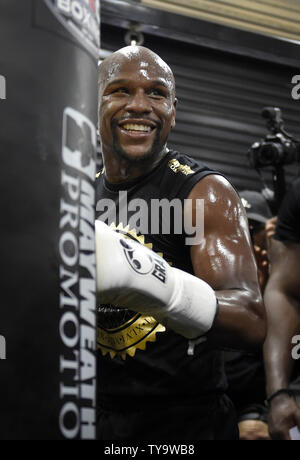 Unbeaten boxer Floyd Mayweather hosts a media workout at the Mayweather Boxing Club in Las Vegas, Nevada on August 10, 2017. The workout was a prelude to the upcoming Floyd Mayweather vs. Conor McGregor 12-round super-welterweight matchup on August 26, at the T-Mobile Arena in Las Vegas.    Photo by David Becker/UPI Stock Photo