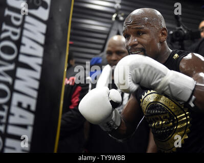 Unbeaten boxer Floyd Mayweather hosts a media workout at the Mayweather Boxing Club in Las Vegas, Nevada on August 10, 2017. The workout was a prelude to the upcoming Floyd Mayweather vs. Conor McGregor 12-round super-welterweight matchup on August 26, at the T-Mobile Arena in Las Vegas.    Photo by David Becker/UPI Stock Photo