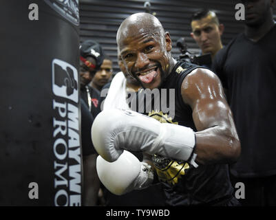 Unbeaten boxer Floyd Mayweather hosts a media workout at the Mayweather Boxing Club in Las Vegas, Nevada on August 10, 2017. The workout was a prelude to the upcoming Floyd Mayweather vs. Conor McGregor 12-round super-welterweight matchup on August 26, at the T-Mobile Arena in Las Vegas.     Photo by David Becker/UPI Stock Photo