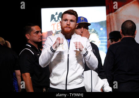 Canelo Alvarez on stage during the Weigh-In for the Canelo Alvarez vs Gennady Golovkin 12-round middleweight World championship boxing match, September 15, at MGM Grand Garden Arena in Las Vegas, NV. Photo by James Atoa/UPI Stock Photo