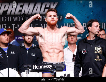 Canelo Alvarez on stage during the Weigh-In for the Canelo Alvarez vs Gennady Golovkin 12-round middleweight World championship boxing match, September 15, at MGM Grand Garden Arena in Las Vegas, NV. Photo by James Atoa/UPI Stock Photo