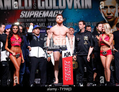 Canelo Alvarez on stage during the Weigh-In for the Canelo Alvarez vs Gennady Golovkin 12-round middleweight World championship boxing match, September 15, at MGM Grand Garden Arena in Las Vegas, NV. Photo by James Atoa/UPI Stock Photo