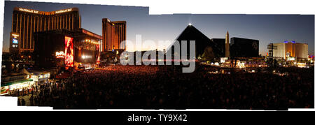 A panoramic view at sunset of the Route 91 Harvest Festival and surrounding Las Vegas skyline including the Mandalay Bay Resort Hotel, compiled from a compilation of photos taken the night of October 1, 2017, in Las Vegas, NV. Photo by James Atoa/UPI Stock Photo