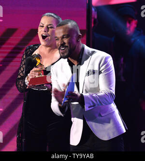 Olga Tanon and Alexandre Pires onstage during the Latin Grammy Awards at the MGM Garden Arena in Las Vegas, Nevada on November 16, 2017.   Photo by Jim Ruymen/UPI Stock Photo