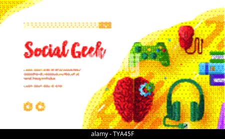 Video game background with joypad, headphones, computer mouse, books, brain. Concept of social geek, hobby, pastime, devices addiction, using gadgets. Place for text, copy space. Stock Vector