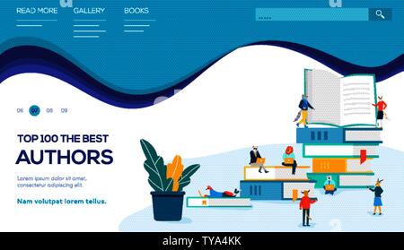 Animal characters standing, sitting, lying with laptops between books. Concept of top 100 the best authors, love of reading, learning, bestseller list. Vector flat design. Place for text, copy space. Stock Vector