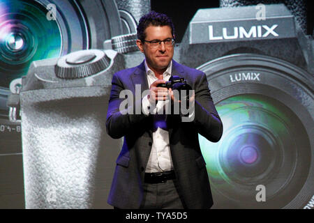 Michael Moskowitz, President of Panasonic Canada holds  the new Lumix S1R Full frame mirrorless camera on stage during the Panasonic Media Days Press Conference at the 2019 International CES, at the Mandalay Bay Convention Center in Las Vegas, Nevada, January 7, 2019. Photo by James Atoa/UPI Stock Photo