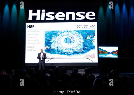 Vice President of Consumer Electronics for Hisense USA, David Gold, addresses members of the media during the Hisense Media Day Press Conference during the 2019 International CES, at the Mandalay Bay Convention Center in Las Vegas, Nevada, January 7, 2019. Photo by James Atoa/UPI