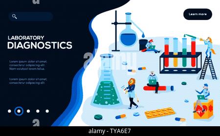 Animal characters do scientific researches and experiments at laboratory. Medical equipment and tools: test tubes, flasks, reagents, pills. Clinical diagnostics center or lab. Vector. Copy space. Stock Vector