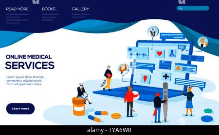 Animal characters with pills, mercury thermometer surround big laptop where information about treatment, cure, healthcare. Patients communicate with doctors over Internet. Online medicine. Vector. Stock Vector