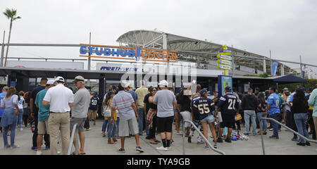 Lori Riedel Los Angeles Chargers fans watch warmups before an NFL football game ...