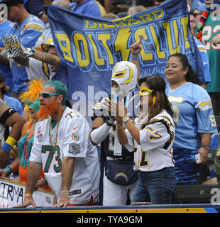 Lori Riedel Los Angeles Chargers fans watch warmups before an NFL football game ...