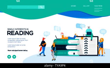 Animal characters spend time between books with laptops. Concept of love of reading, learning, working in library, publishing house. Vector flat design for educational projects. Copy space. Stock Vector